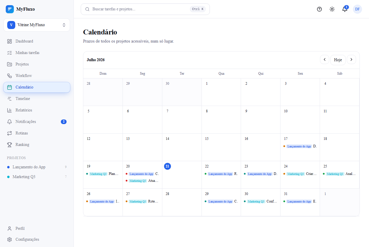 Calendário do workspace mostrando prazos de tarefas de todos os projetos